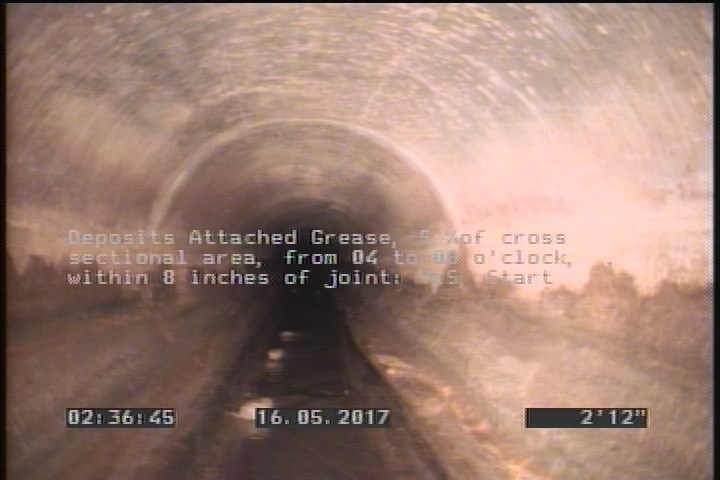 Deposits Attached Grease, 10 %of cross sectional area, from 04 to 08 o'clock, , within 8 inches of joint: YES, Start