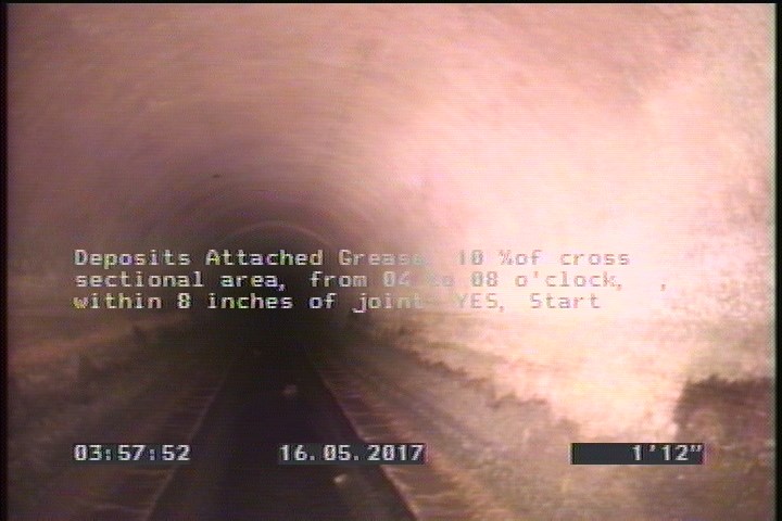 Deposits Attached Grease, 10 %of cross sectional area, from 04 to 08 o'clock, , within 8 inches of joint: YES, Start