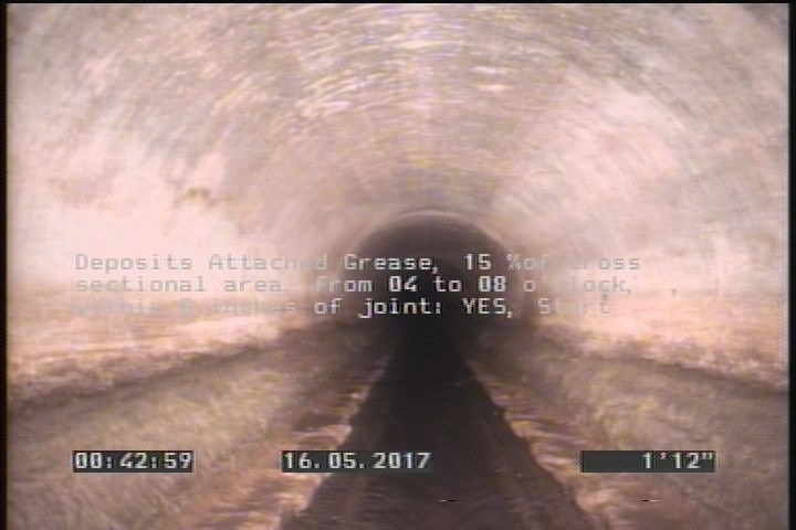 Deposits Attached Grease, 15 %of cross sectional area, from 04 to 08 o'clock, , within 8 inches of joint: YES, Start