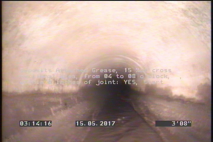 Deposits Attached Grease, 15 %of cross sectional area, from 04 to 08 o'clock, , within 8 inches of joint: YES, Start
