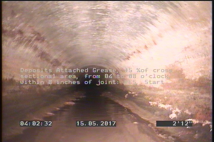 Deposits Attached Grease, 15 %of cross sectional area, from 04 to 08 o'clock, , within 8 inches of joint: YES, Start