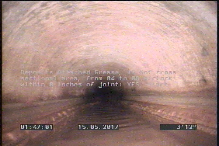 Deposits Attached Grease, 15 %of cross sectional area, from 04 to 08 o'clock, , within 8 inches of joint: YES, Start