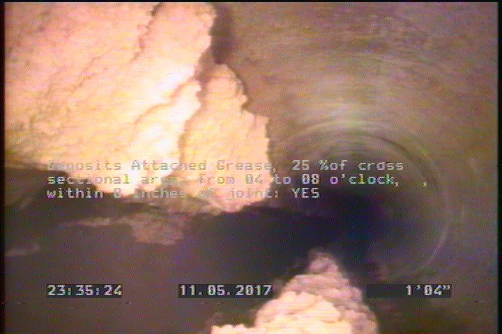 Deposits Attached Grease, 25 %of cross sectional area, from 04 to 08 o'clock, , within 8 inches of joint: YES