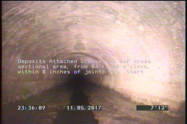 Deposits Attached Grease, 15 %of cross sectional area, from 04 to 08 o'clock, , within 8 inches of joint: YES, Start