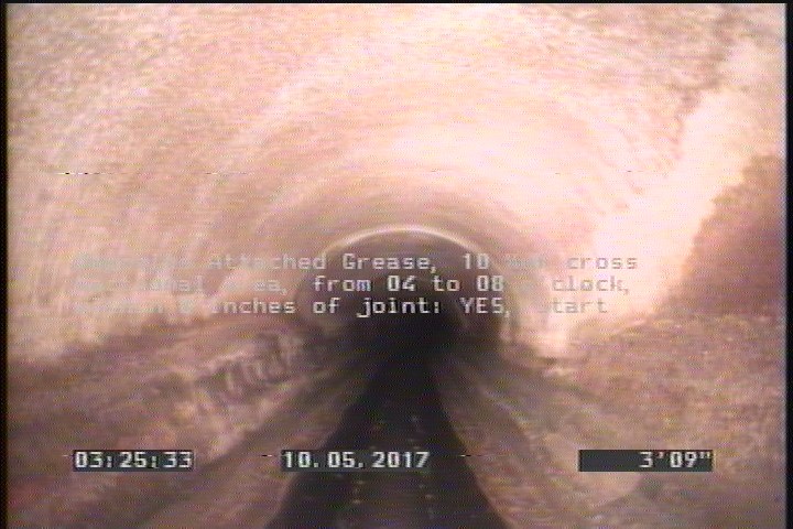 Deposits Attached Grease, 10 %of cross sectional area, from 04 to 08 o'clock, , within 8 inches of joint: YES, Start