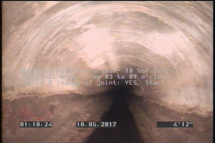 Deposits Attached Grease, 10 %of cross sectional area, from 03 to 09 o'clock, , within 8 inches of joint: YES, Start
