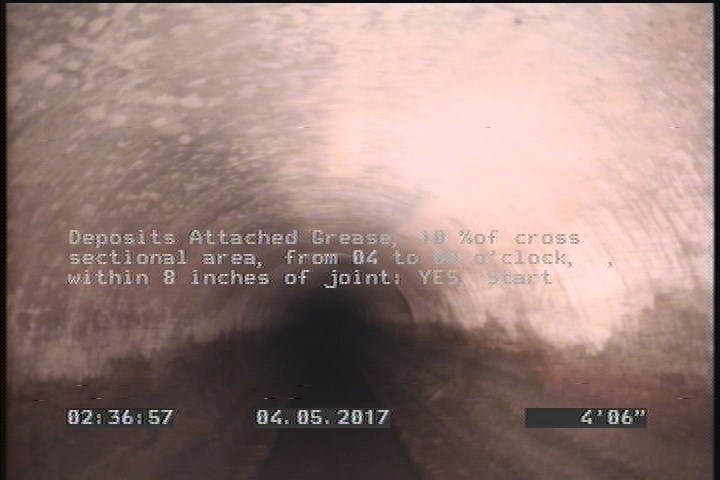 Deposits Attached Grease, 10 %of cross sectional area, from 04 to 08 o'clock, , within 8 inches of joint: YES, Start