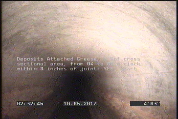 Deposits Attached Grease, 5 %of cross sectional area, from 04 to 08 o'clock, , within 8 inches of joint: YES, Start