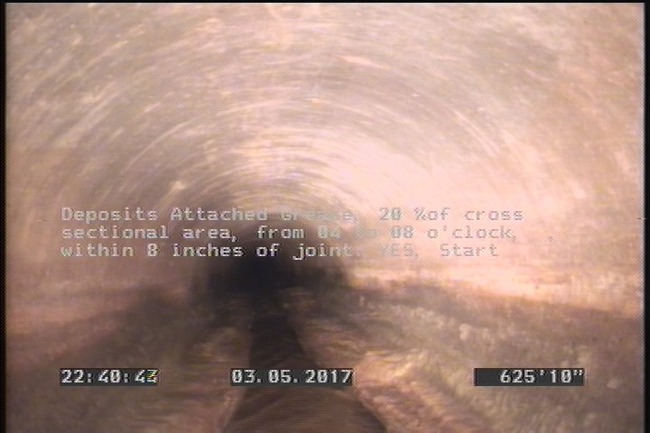 Deposits Attached Grease, 20 %of cross sectional area, from 04 to 08 o'clock, , within 8 inches of joint: YES, Start