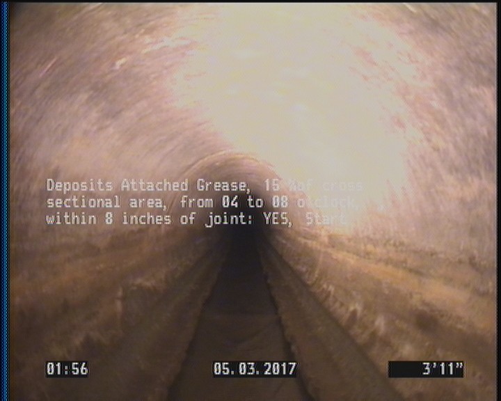 Deposits Attached Grease, 15 %of cross sectional area, from 04 to 08 o'clock, , within 8 inches of joint: YES, Start