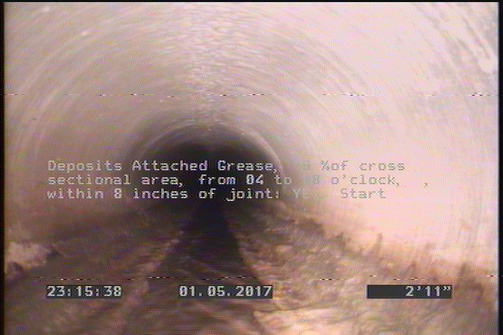 Deposits Attached Grease, 15 %of cross sectional area, from 04 to 08 o'clock, , within 8 inches of joint: YES, Start