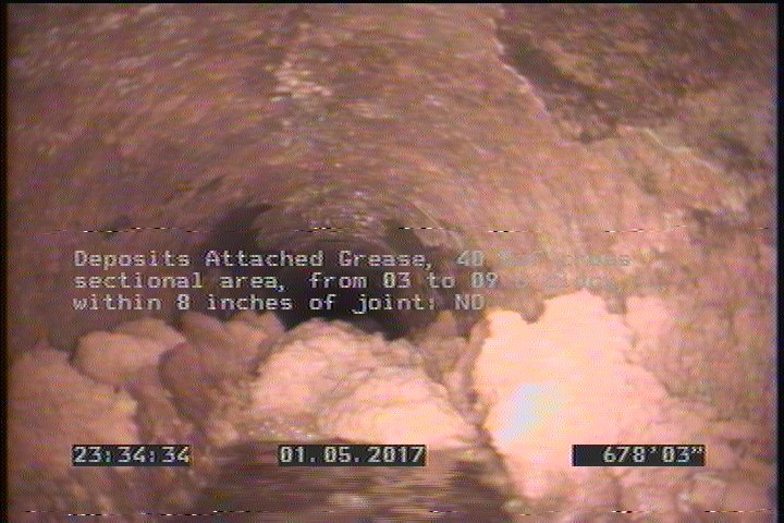 Deposits Attached Grease, 40 %of cross sectional area, from 03 to 09 o'clock, , within 8 inches of joint: NO, Start