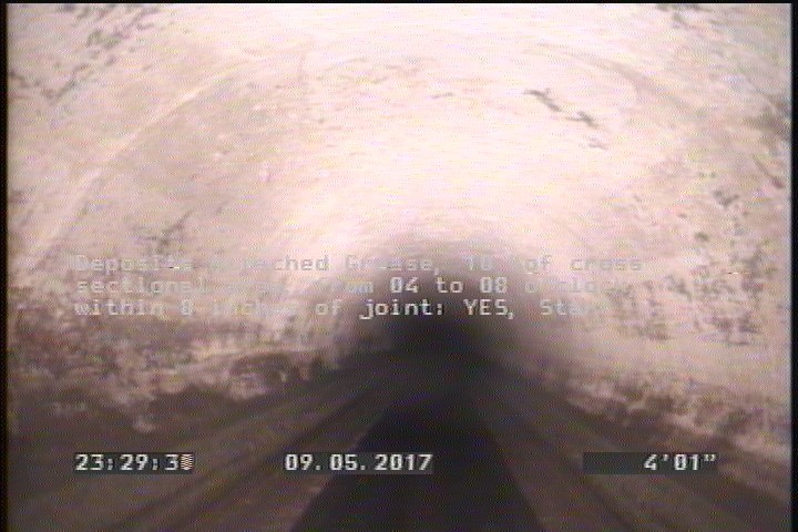 Deposits Attached Grease, 10 %of cross sectional area, from 04 to 08 o'clock, , within 8 inches of joint: YES, Start