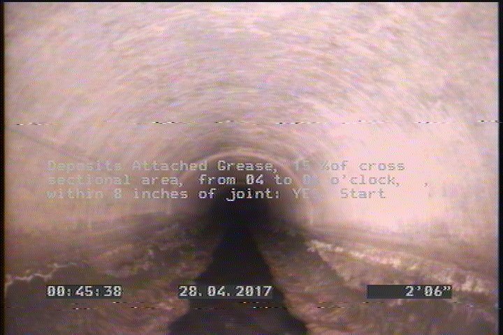 Deposits Attached Grease, 15 %of cross sectional area, from 04 to 08 o'clock, , within 8 inches of joint: YES, Start