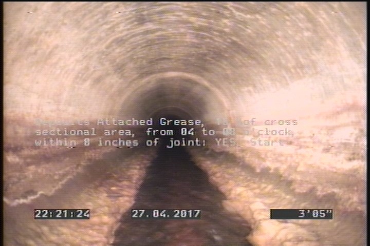 Deposits Attached Grease, 15 %of cross sectional area, from 04 to 08 o'clock, , within 8 inches of joint: YES, Start