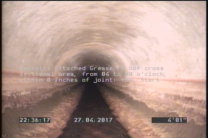 Deposits Attached Grease, 5 %of cross sectional area, from 04 to 08 o'clock, , within 8 inches of joint: YES, Start