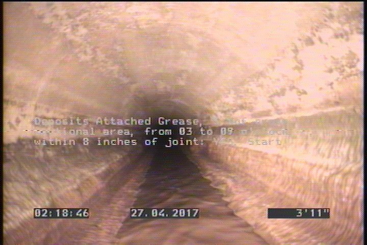Deposits Attached Grease, 5 %of cross sectional area, from 03 to 09 o'clock, , within 8 inches of joint: YES, Start