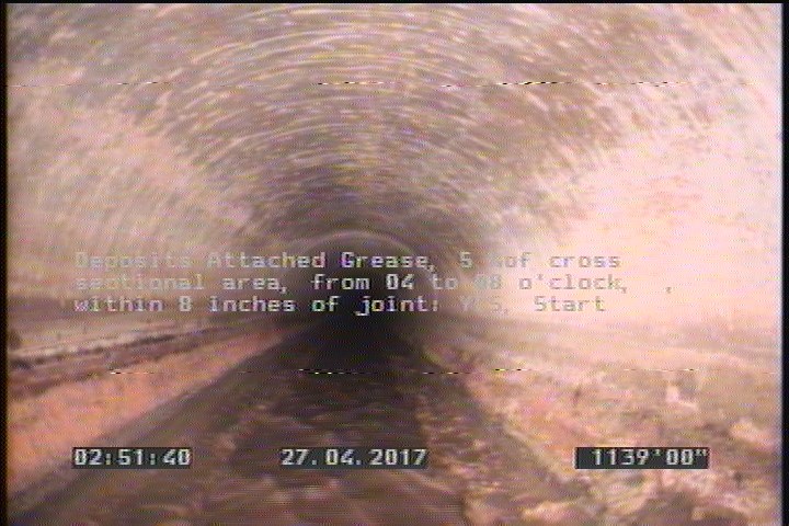 Deposits Attached Grease, 30 %of cross sectional area, from 03 to 09 o'clock, , within 8 inches of joint: YES, Finish
