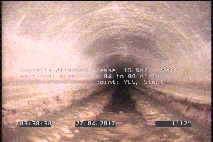 Deposits Attached Grease, 15 %of cross sectional area, from 04 to 08 o'clock, , within 8 inches of joint: YES, Start