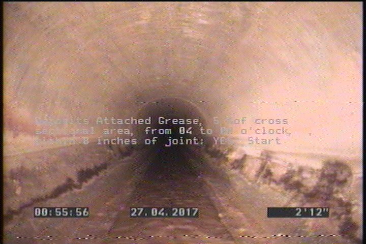 Deposits Attached Grease, 5 %of cross sectional area, from 04 to 08 o'clock, , within 8 inches of joint: YES, Start