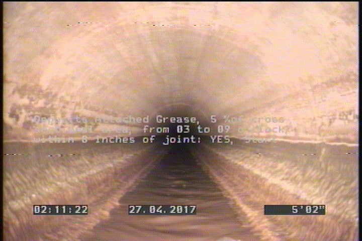 Deposits Attached Grease, 5 %of cross sectional area, from 03 to 09 o'clock, , within 8 inches of joint: YES, Start