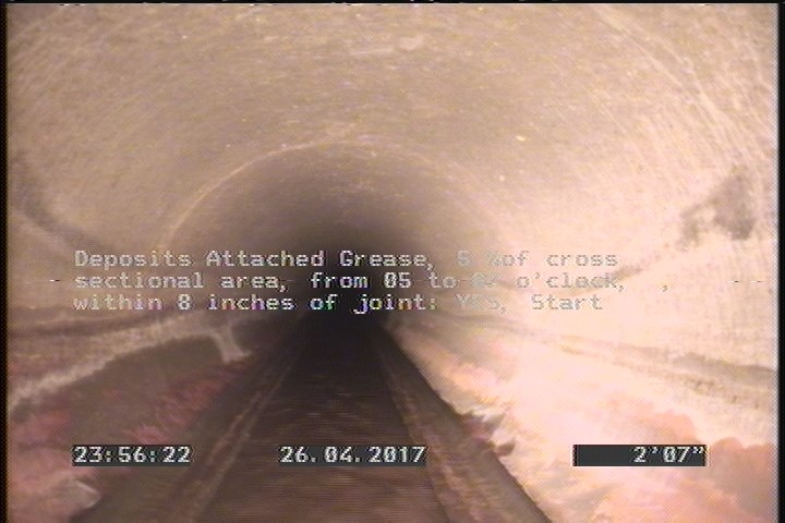 Deposits Attached Grease, 5 %of cross sectional area, from 05 to 07 o'clock, , within 8 inches of joint: YES, Start