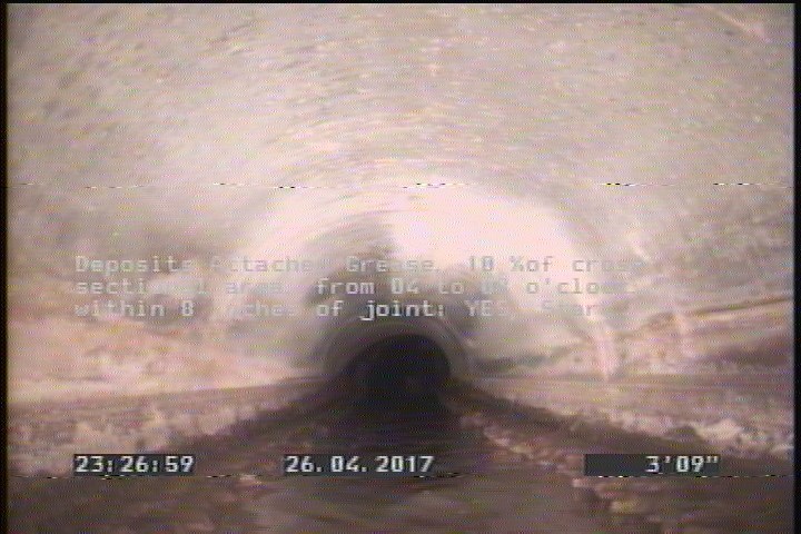 Deposits Attached Grease, 10 %of cross sectional area, from 04 to 08 o'clock, , within 8 inches of joint: YES, Start
