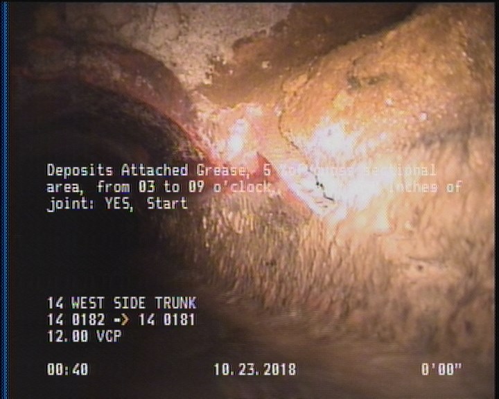 Deposits Attached Grease, 5 %of cross sectional area, from 03 to 09 o'clock, , within 8 inches of joint: YES, Start