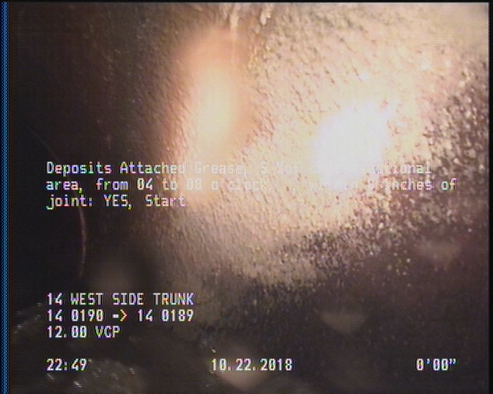 Deposits Attached Grease, 5 %of cross sectional area, from 04 to 08 o'clock, , within 8 inches of joint: YES, Start