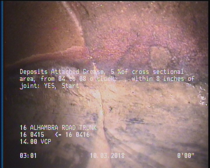 Deposits Attached Grease, 5 %of cross sectional area, from 04 to 08 o'clock, , within 8 inches of joint: YES, Start