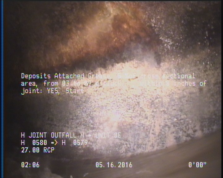 Deposits Attached Grease, 5 %of cross sectional area, from 03 to 09 o'clock, , within 8 inches of joint: YES, Start