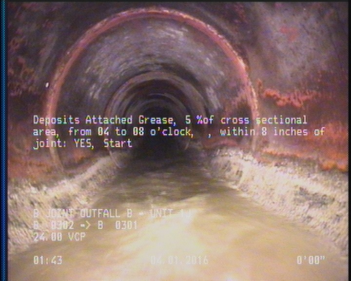 Deposits Attached Grease, 5 %of cross sectional area, from 04 to 08 o'clock, , within 8 inches of joint: YES, Start