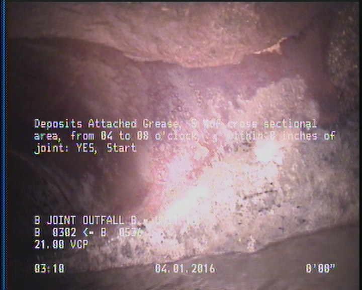 Deposits Attached Grease, 5 %of cross sectional area, from 04 to 08 o'clock, , within 8 inches of joint: YES, Start