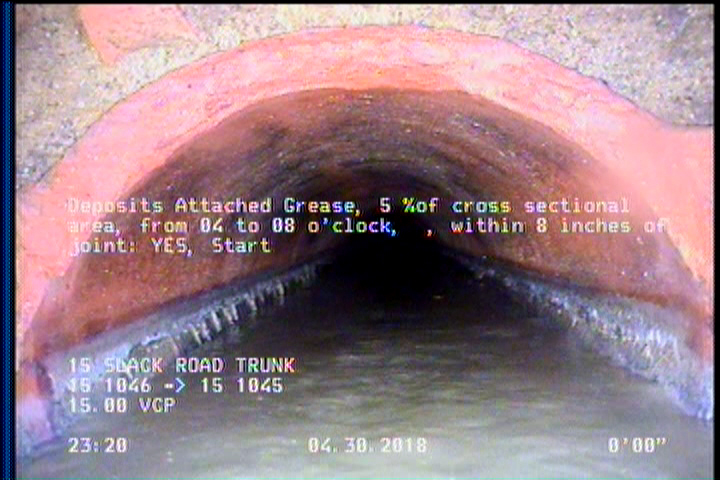 Deposits Attached Grease, 5 %of cross sectional area, from 04 to 08 o'clock, , within 8 inches of joint: YES, Start