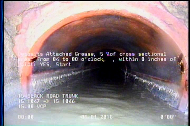 Deposits Attached Grease, 5 %of cross sectional area, from 04 to 08 o'clock, , within 8 inches of joint: YES, Start
