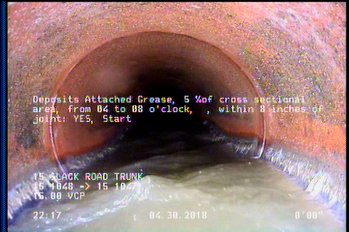 Deposits Attached Grease, 5 %of cross sectional area, from 04 to 08 o'clock, , within 8 inches of joint: YES, Start