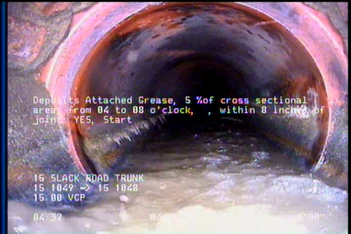 Deposits Attached Grease, 5 %of cross sectional area, from 04 to 08 o'clock, , within 8 inches of joint: YES, Start