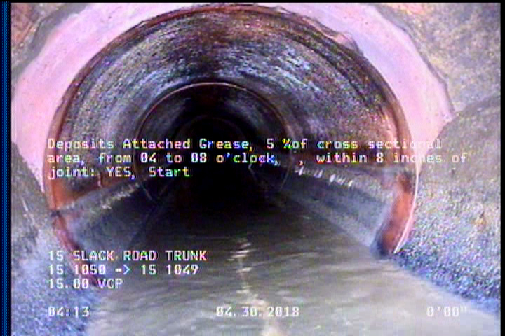 Deposits Attached Grease, 5 %of cross sectional area, from 04 to 08 o'clock, , within 8 inches of joint: YES, Start