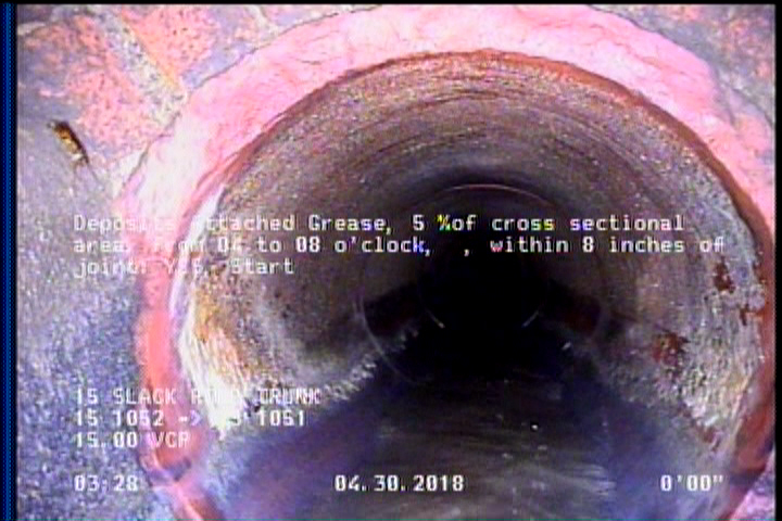 Deposits Attached Grease, 5 %of cross sectional area, from 04 to 08 o'clock, , within 8 inches of joint: YES, Start