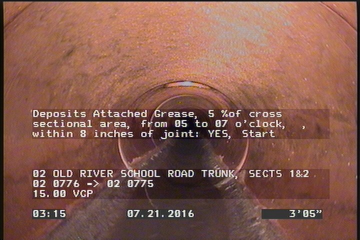 Deposits Attached Grease, 5 %of cross sectional area, from 05 to 07 o'clock, , within 8 inches of joint: YES, Start