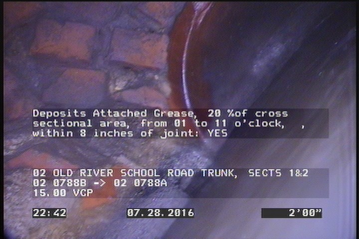 Deposits Attached Grease, 20 %of cross sectional area, from 01 to 11 o'clock, , within 8 inches of joint: YES