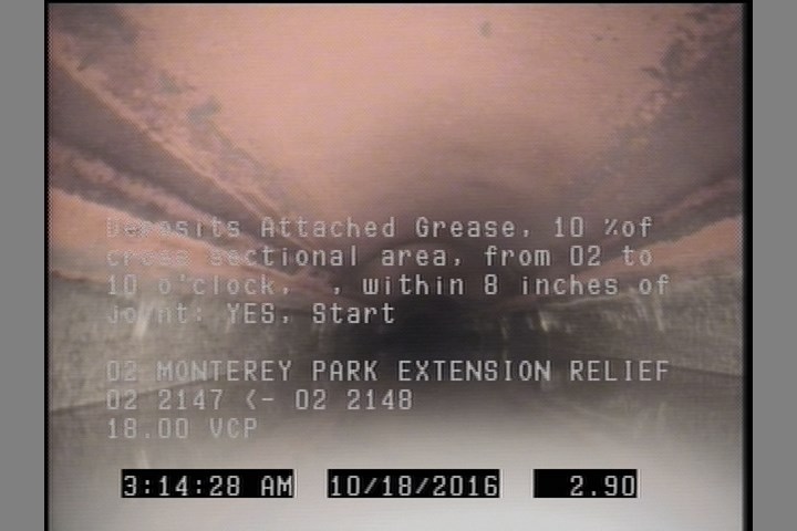 Deposits Attached Grease, 10 %of cross sectional area, from 02 to 10 o'clock, , within 8 inches of joint: YES, Start