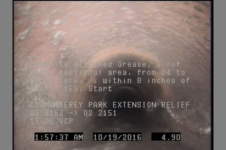 Deposits Attached Grease, 5 %of cross sectional area, from 04 to 08 o'clock, , within 8 inches of joint: YES, Start