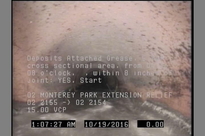 Deposits Attached Grease, 5 %of cross sectional area, from 04 to 08 o'clock, , within 8 inches of joint: YES, Start