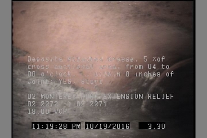 Deposits Attached Grease, 5 %of cross sectional area, from 04 to 08 o'clock, , within 8 inches of joint: YES, Start