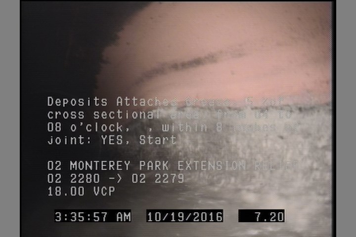 Deposits Attached Grease, 5 %of cross sectional area, from 04 to 08 o'clock, , within 8 inches of joint: YES, Start