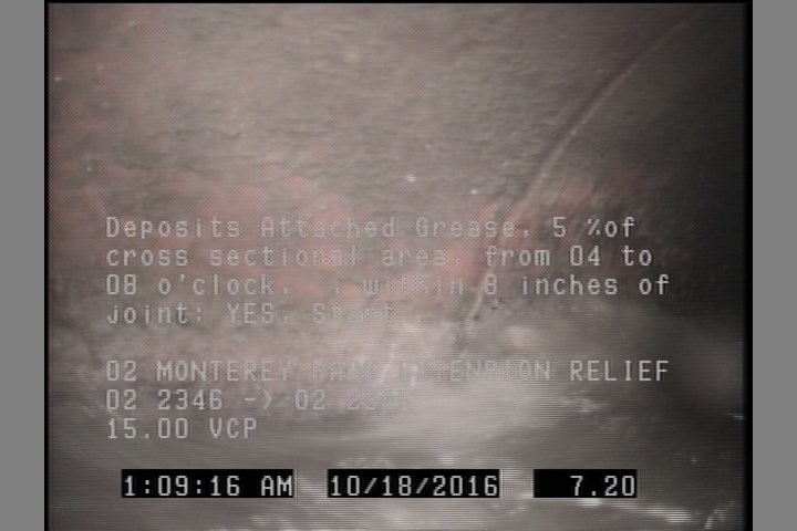 Deposits Attached Grease, 5 %of cross sectional area, from 04 to 08 o'clock, , within 8 inches of joint: YES, Start