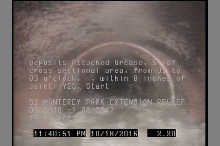 Deposits Attached Grease, 5 %of cross sectional area, from 03 to 09 o'clock, , within 8 inches of joint: YES, Start