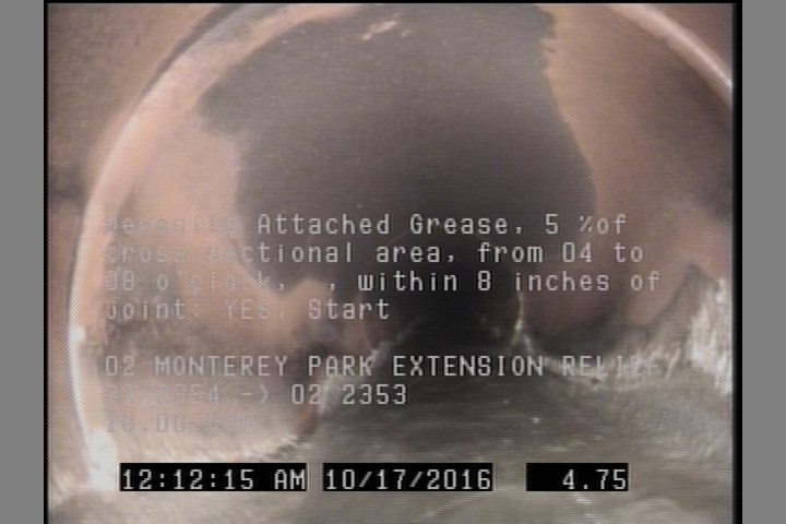 Deposits Attached Grease, 5 %of cross sectional area, from 04 to 08 o'clock, , within 8 inches of joint: YES, Start