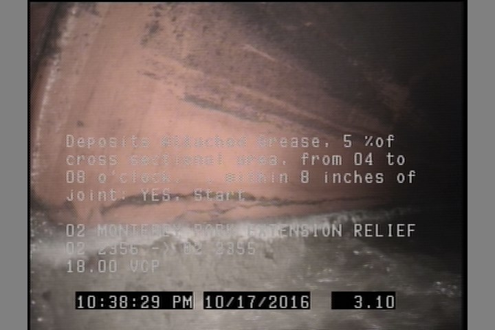 Deposits Attached Grease, 5 %of cross sectional area, from 04 to 08 o'clock, , within 8 inches of joint: YES, Start